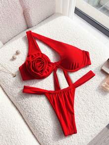 Swim SXY Damen Mode Bikini Set, Rot, handgefertigt mit Blumen, Ausschnitt, einschultrig, rückenfreie Bindung, Dreieck Bikinihose, Strand, Urlaub, Küste, Unterhaltung, Party, Lässig - Rot - Übersicht 5