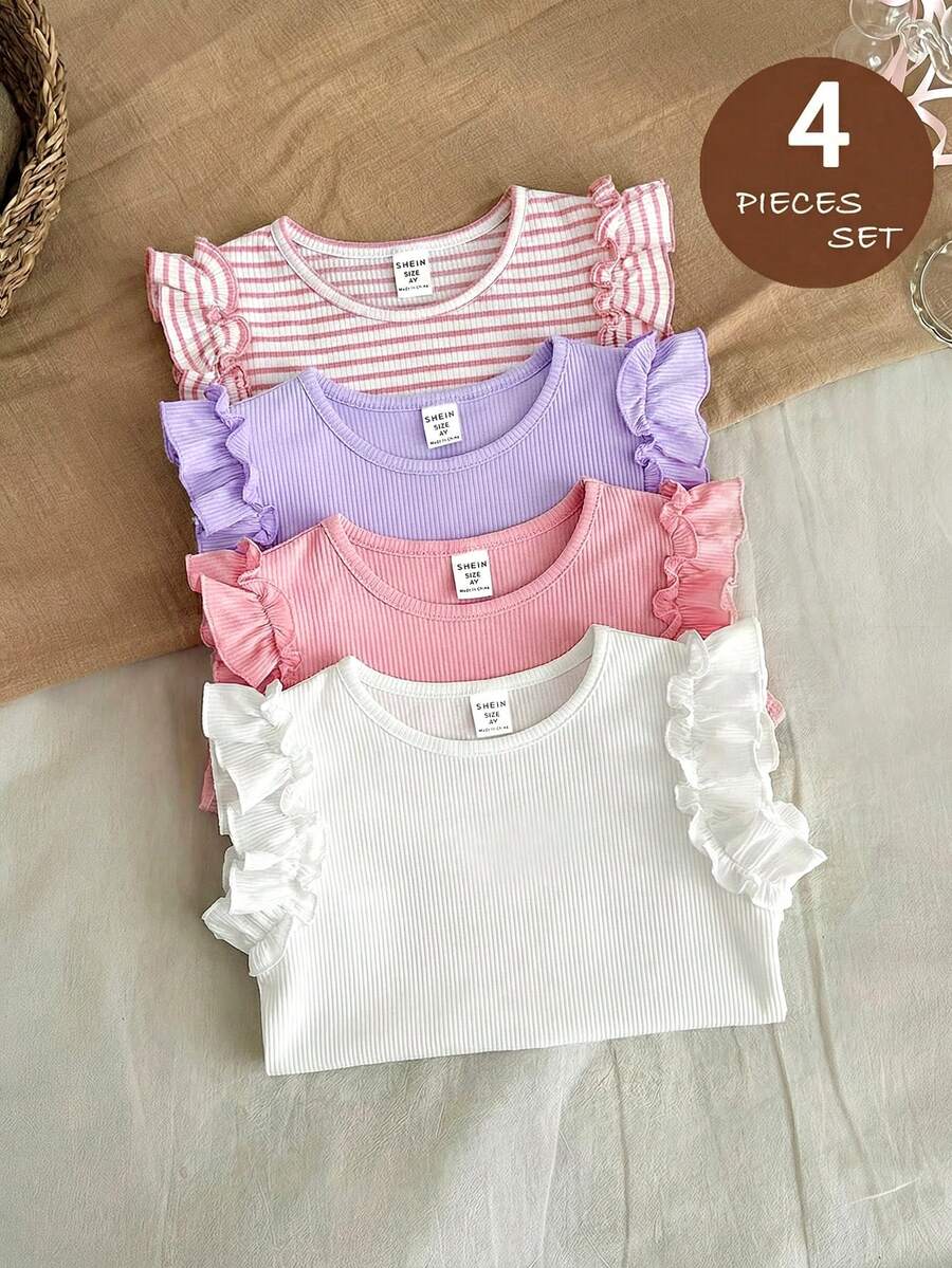 LMoss Kids 4件套女童休闲纯色T恤套装,白色上衣,紫色上衣,粉色上衣,粉色条纹上衣,百搭校服上衣,日常穿着基础款T恤,适合4岁至5岁女童,夏季多色套装,舒适上衣,荷叶边袖上衣 - 彩色 - 查看 1