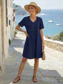 EMERY ROSE Đầm ngắn tay ngắn cổ chữ V xếp ly, màu trơn, đơn giản, thích hợp mặc hàng ngày đi làm, dành cho nữ. - Màu xanh lam - Xem 3