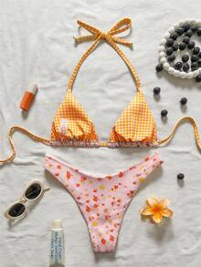 Swim Mod Women's Random Print Halter Bikini Set, Spring/Summer Floral Print Bathing Suits For Women 2 Piece Set Elegant Cute Beach Orange And White - Multicolor - View 2