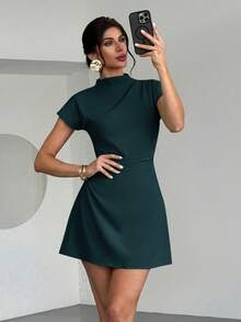 Aloruh Robe mini évasée avec taille froncée élégante pour le travail, l'été - Bleu marine - Voir 8