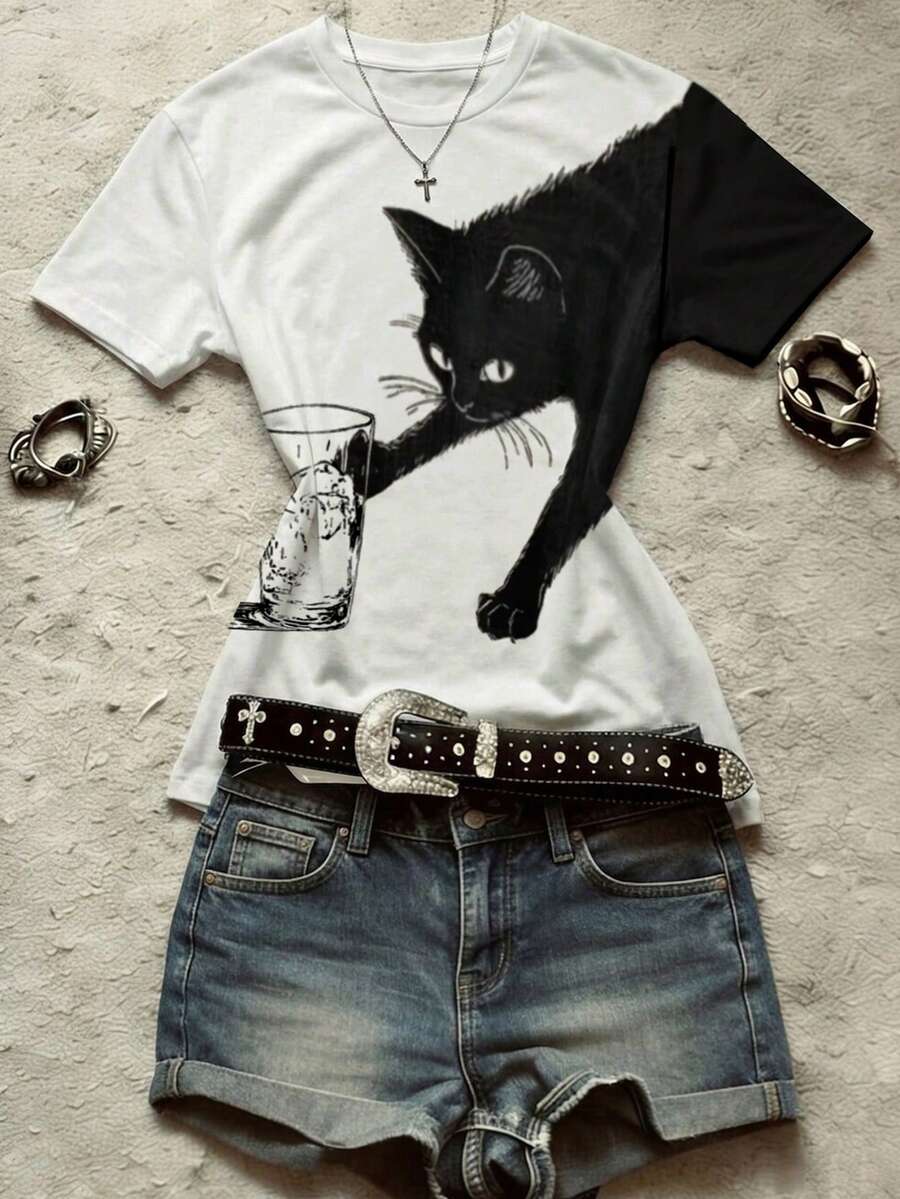 Glimmora 女士圆领猫咪印花休闲百搭日常短袖T恤 - 白色 - 查看 1