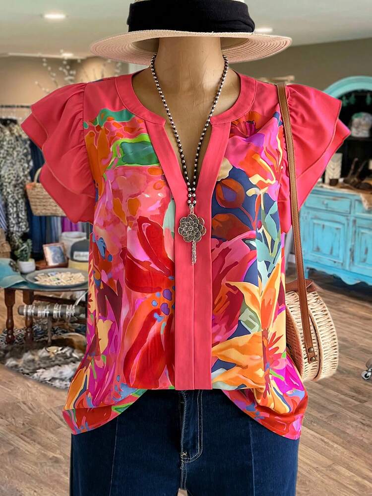 Plus Size Women's Summer Casual Vacation Country  Floral Print Patchwork Double Ruffle Sleeve Short Sleeve Shirt Blouse Top,Suitable For Summer, Vacation, Daily Wear, Festival Outfits For Women,Beach Outfits For Women,Gifts For Mother,Boho Top,Mothers Day Outfit, Colorful Floral Shirt, Ruffle Sleeve Blouse, Bohemian Style Top, V-Neck Floral Print Top,Summer Outfits For Women,Summer Holiday,Vacation Outfits Women,Simple And Fashionable For Everyday Wear,Casual Holiday Style,Summer Outfits For Women ,Vacation Outfits Women ,Holiday Outfits For Women,Going Out Outfits, New Clothes,Simple And Fashionable For Everyday Wear,Suitable For Summer, Vacation, Daily Wear, Festival Outfits For Women,Country Concert Outfit,Beach Outfits For Women,Western Style,,Gifts For Mother,Boho Top,Blouse Top Shirt