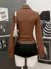 SHEIN Unity Women's Slim Fit Zip-Up Long Sleeve Shirt, Lightweight Cyber Punk Style - Brown - View 2