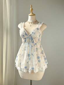 Elamini 女士粉色花卉蕾丝V领开衫，配蝴蝶结、荷叶边下摆设计，收腰，性感甜美浪漫海滩度假风吊带衫 - 彩色 - 查看 5