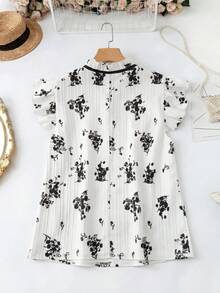 SHEIN Franclia Blus Wanita Lengan Pendek dengan Motif Kontras Warna dan Tali di Bagian Depan - Hitam dan Putih - View 2