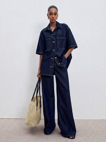 ATUI Studio Women's Button Front Loose Short Sleeve Top & Long Pants Denim Set – Relaxed Versatile Two Piece Outfit For Summer Beach & Vacation