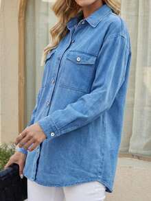 SHEIN LUNE Áo khoác denim dài tay cổ bẻ cài cúc đơn giản, đa năng dành cho nữ, thích hợp mặc hàng ngày. - Rửa nhẹ - Xem 3