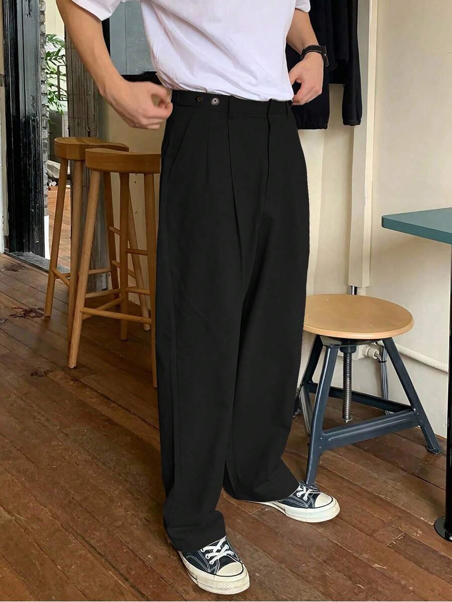 Manfinity Homme 男士加大码纯色阔腿裤,带扣腰带和口袋,日系风格,宽松黑色阔腿裤,特大码,宽松版型,设计师款裤子 - 黑色 - 查看 1