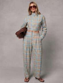 Hauture Retro Plaid Pocket Decor Straight Leg Pants - Blue - View 5