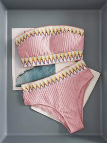 Swim Vcay Set Bikini Bandeau Bergaris Bergelombang Wanita, Kain Spesial, Motif Pita Acak - MultiWarna - View 6