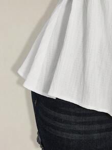 SHEIN ICON 大码女式纯色扭结纹理荷叶边袖上衣 - 白色 - 查看 6