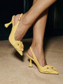 全新 2024 年春夏花卉封闭式露跟细高跟凉鞋，甜美中跟女鞋 - 黃色 - 查看 5