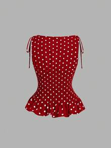 SHEIN MOD 女士波点褶皱腰部荷叶边吊带背心和短裤两件套 - 紅色 - 查看 8