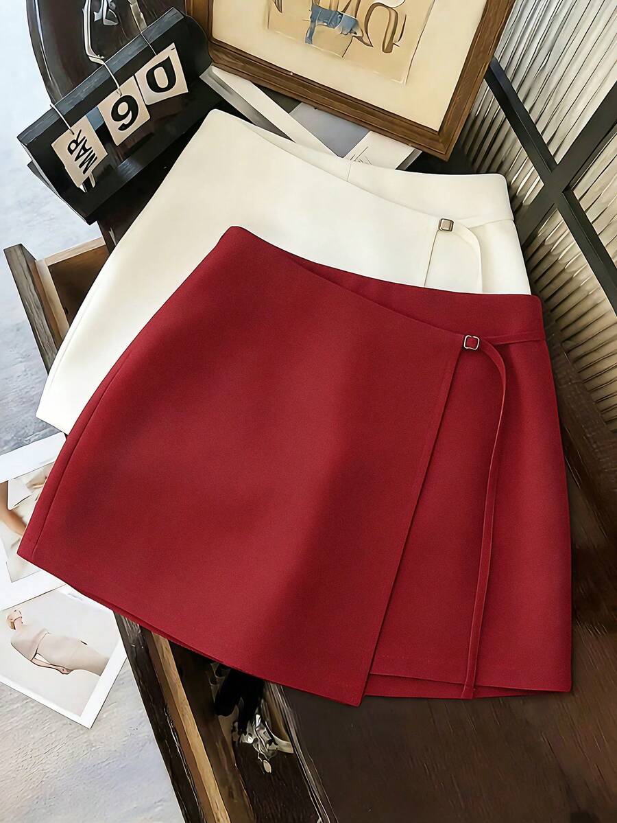 SHEIN Franclia 女士时尚优雅通勤酒红色不对称A字迷你裙，修身半身裙，春夏款 - 酒紅色 - 查看 1