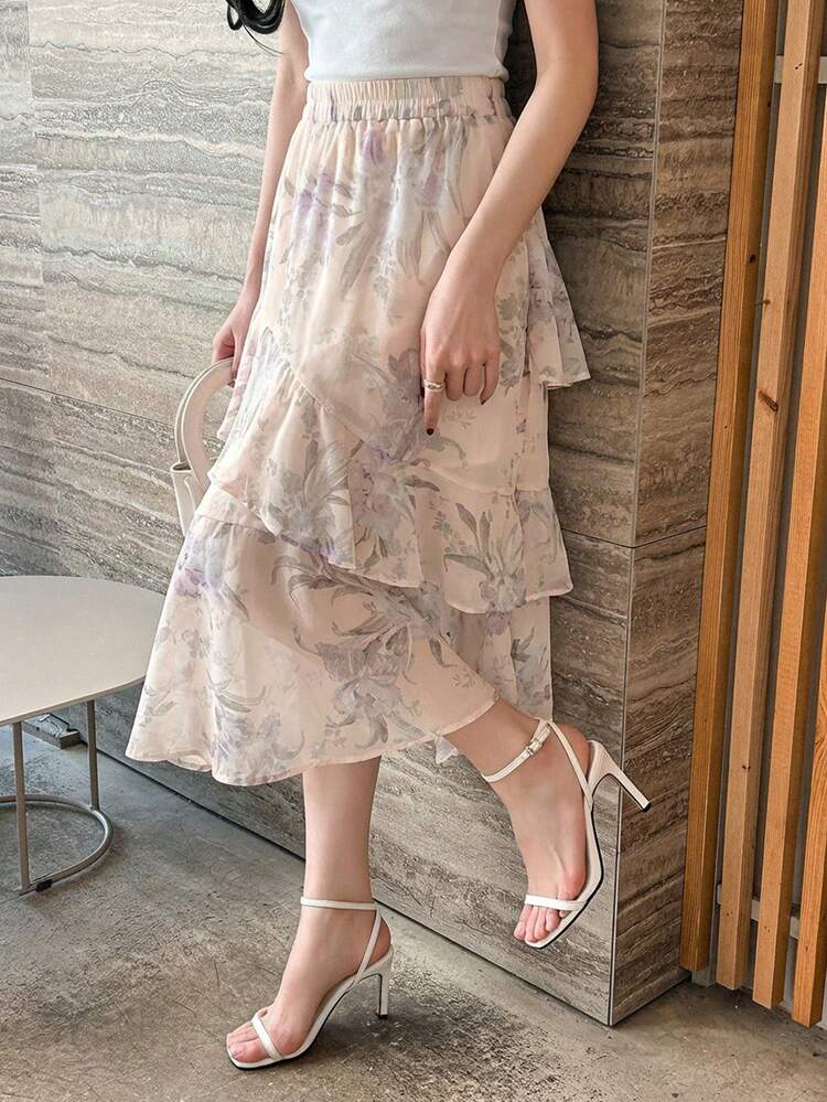Women's Elegant All Over Floral Asymmetric Ruffle Elastic Waist Skirt