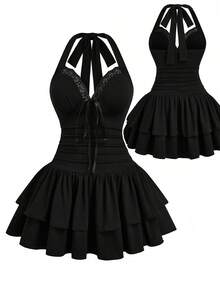 Sweetra Vestido sin mangas con cuello halter, de talla grande, de unicolor con aplicaciones de encaje - Negro - Ver 1