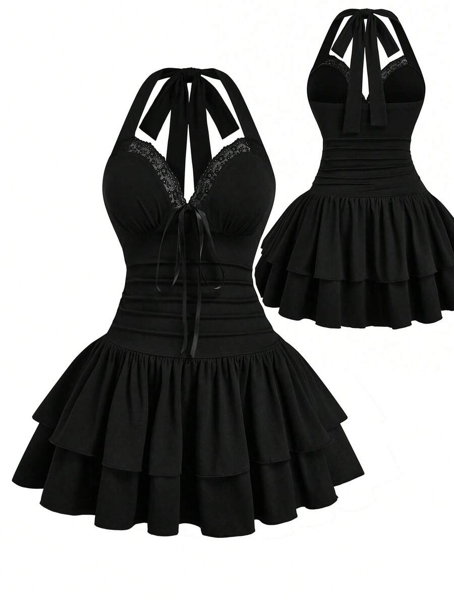 Sweetra Vestido sin mangas con cuello halter, de talla grande, de unicolor con aplicaciones de encaje - Negro - Ver 1