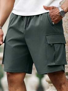 Manfinity Homme Plus Size Men's Solid Color Casual Shorts - Dark Green - View 3