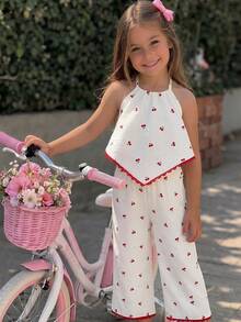 SHEIN Bộ trang phục thường ngày thoải mái cho bé gái, gồm áo hai dây và quần dài in hình quả anh đào, vạt áo bất đối xứng. - Nhiều màu - Xem 2