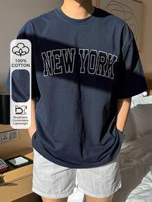 DAZY Men's Summer Letter Print Round Neck Short Sleeve Casual T-Shirt - Navy Blue - View 4