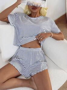 Napfluff Women's Casual Striped Knit Round Neck Short Sleeve Pajama Set - Black and White - View 5