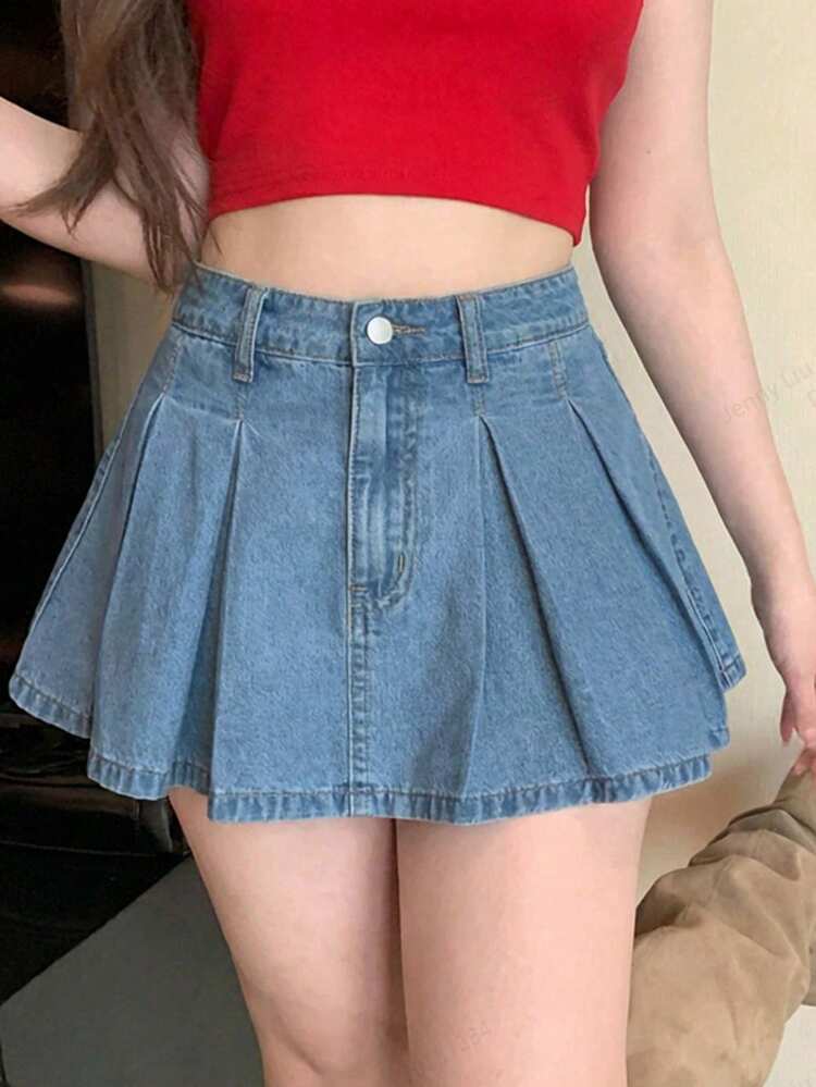 Dazy Plus Plain Washed Blue Pleated Skirt, Casual School Style Short Denim Mini Skirt, Plus Size For Women Spring/Summer
