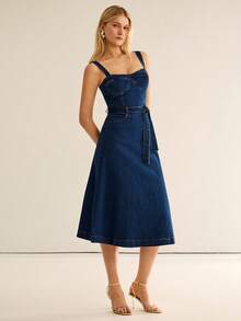 CielaLinda Đầm midi denim nữ có túi - Màu xanh lam - Xem 1