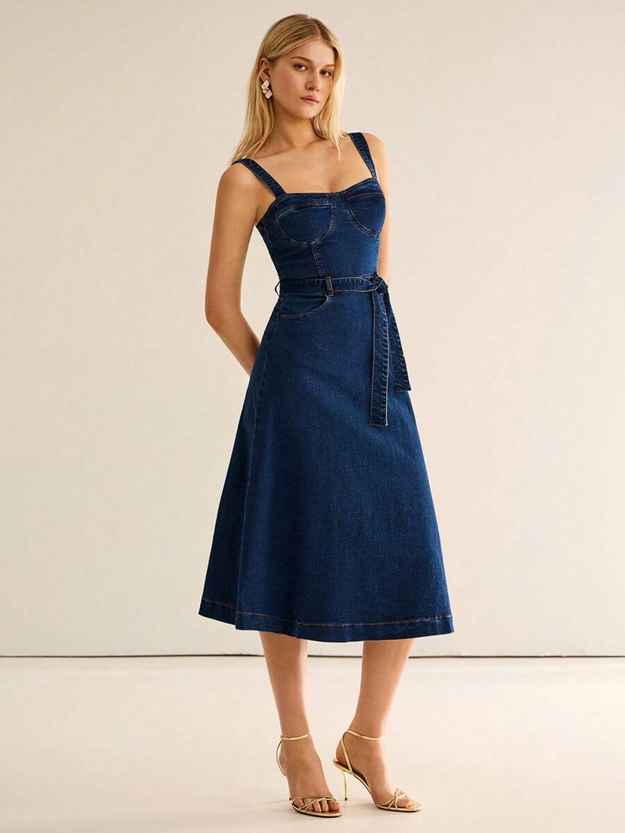 CielaLinda Đầm midi denim nữ có túi - Màu xanh lam - Xem 1