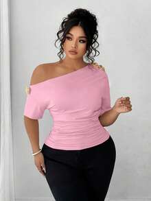 Elenzga Plus Size Women Elegant Personalized Versatile Casual Commute Cold-Shoulder Top - Pink - View 4