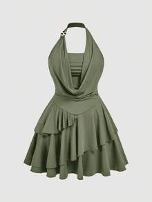 SHEIN MOD Plus Size Army Green Summer Boho Vacation Holiday Vintage 70s Asymmetrical Mini Dress,Halter Neck Beaded Layered Cake Hem Ruffle Draped Collar Y2K - Army Green - View 7