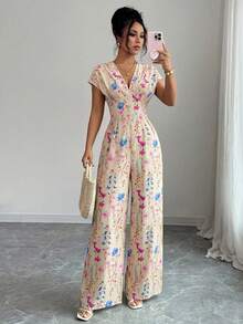 Elenzga Women's V-Neck Cinched Waist Casual Vacation Style Apricot Printed Jumpsuit - Multicolor - View 4