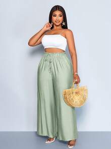 SOLERSUN Plus Size Solid Color Twist Pleated High Waist Fashionable Wide Leg Pants Gym Brown Autumn - Green - View 4