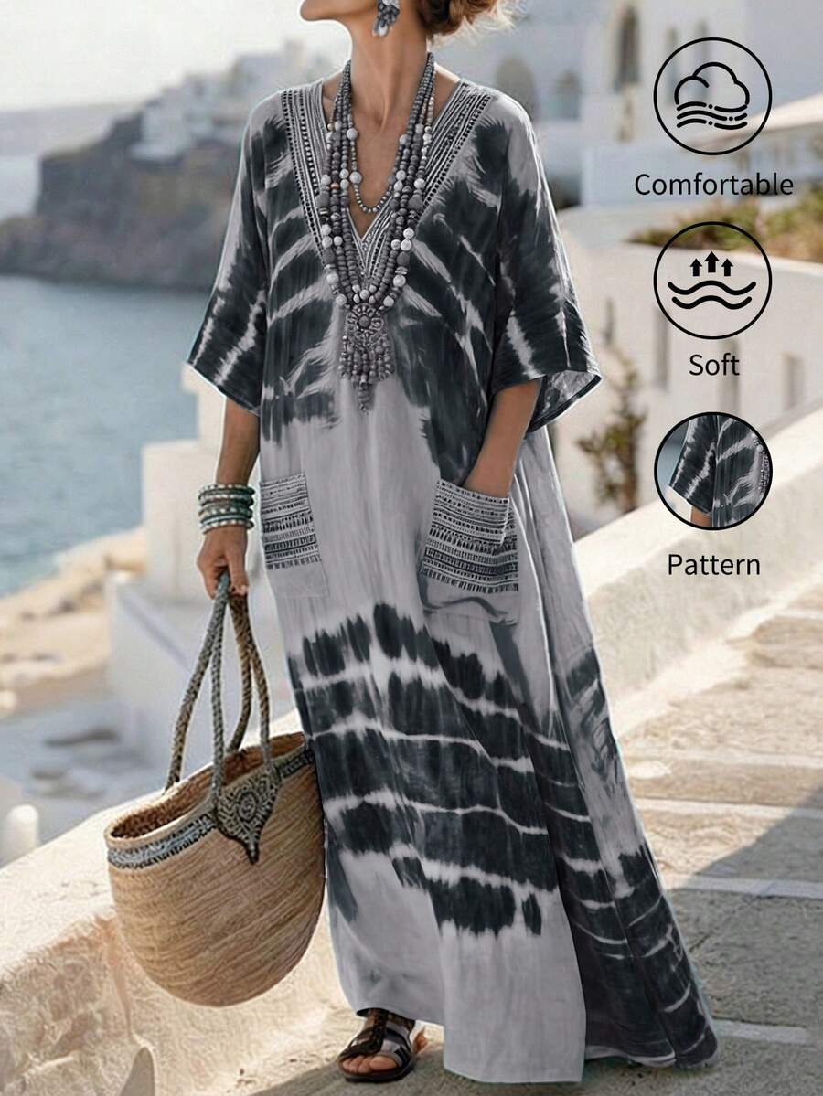 Breezaya 夏季度假波西米亞風海灘藍黃印花V領寬鬆休閒大口袋女款長洋裝,波西米亞風卡夫坦長裙 - 灰色 - 查看 1