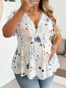 Plussiva Atasan Babydoll Hamil Ukuran Besar untuk Liburan Pantai Musim Panas Motif Bunga Leher V Dalam dengan Renda Kontras - MultiWarna - View 6