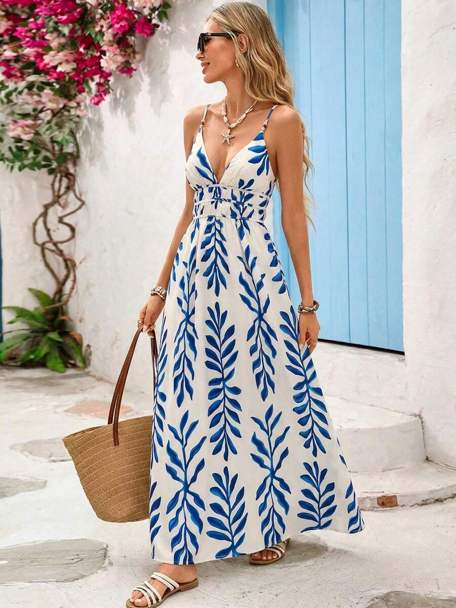 Vivid Eden Đầm maxi nữ họa tiết cây cỏ, kiểu dáng thường ngày, thích hợp cho kỳ nghỉ. - Màu xanh lam - Xem 1
