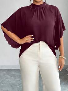 Elenzga Blusa holgada de cuello redondo, mangas fruncidas y bajo ondulado para mujer talla grande, primavera/verano - Burdeos - Ver 5