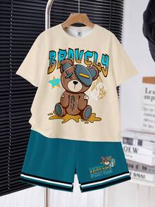 Tween Boy Casual Comfortable Minimalist Round Neck Short Sleeve T-Shirt And Shorts Set - Multicolor - View 2