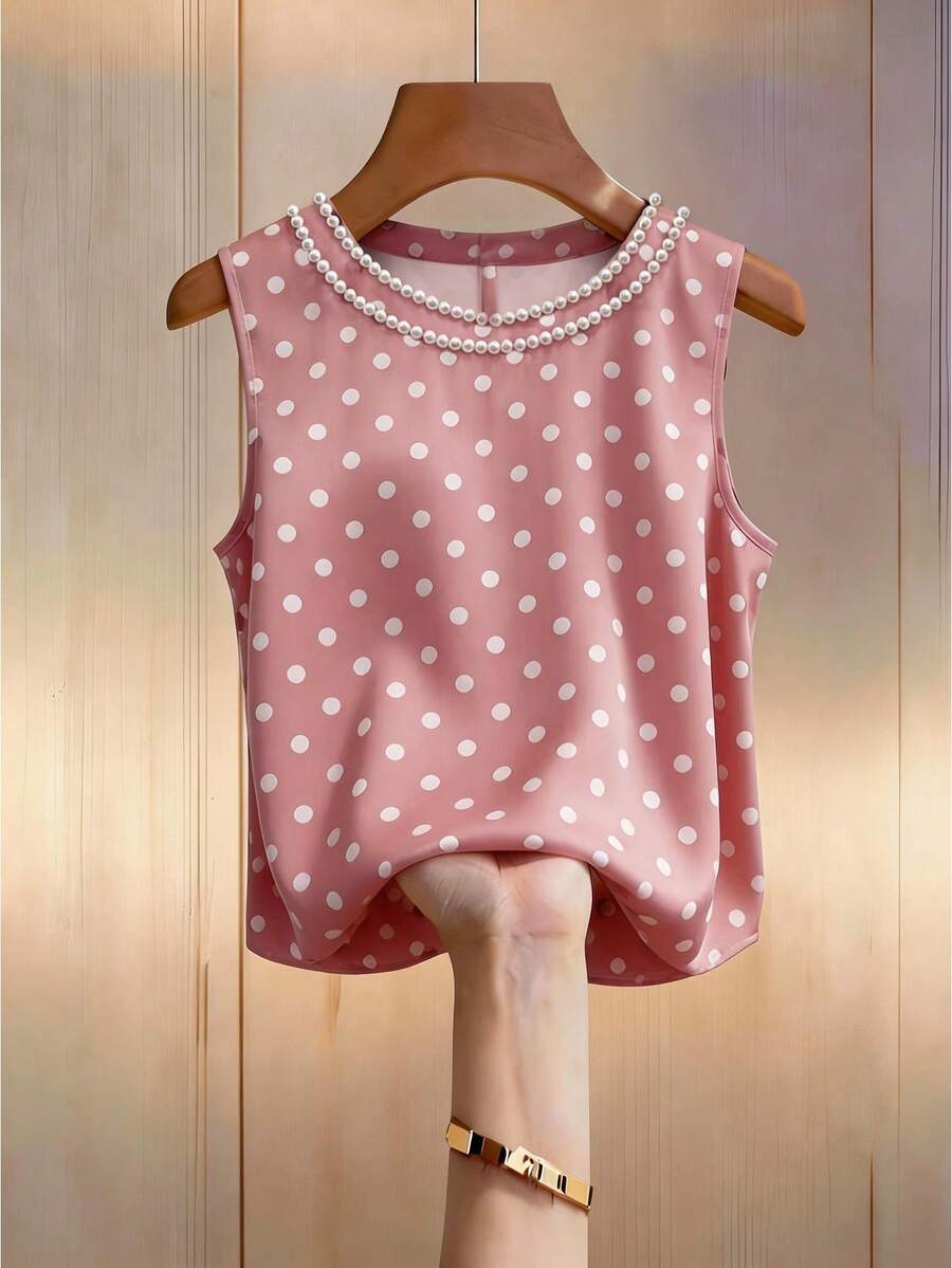 SHEIN LUNE Damen Polka Punkt Trägerhemd, lässiges ärmelloses Top, modisches Trägerhemd, Party Trägerhemd, sexy Spaghetti-Träger Trägerhemd, minimalistisches sexy Trägerhemd - Pink - Übersicht 1