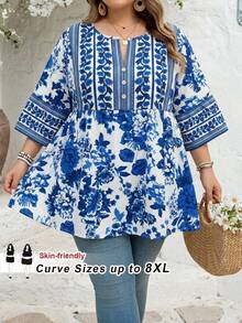 SHEIN CURVE+ Plus Size Women's Blue And White Loose Doll Style Shirt For Vacation - Blue and White - View 7