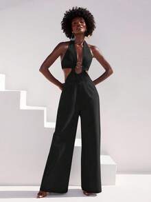 NYA SZN Jumpsuit Denim Halter Neck Plunge Long Pant Metal Detail Date Eveeryday Concert Outfits For Women - Black - View 4