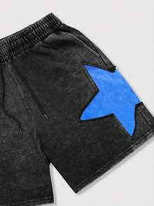 ROMWE MEN Street Life Teens (Boys) Colorblock Five-Pointed Star Print Shorts - Black - View 3