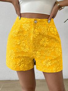 Elenzga Pleated Vintage Summer Casual Versatile Random Print Shorts - Yellow - View 5