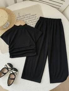 2 pezzi/Set Outfit in maglia tinta unita, top aderente con collo alto e volant laterale abbinato a pantaloni a zampa larga, adatto per vacanze estive al mare, coordinato mamma-figlia/sorelle, abbigliamento per vacanze/festival in famiglia, stile francese, carino ed elegante, dolce e retrò, alla moda e versatile. Adatto per uso casual quotidiano e scolastico. - nero - Visualizzare 2