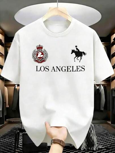 Ropa original México | Emblema real con jinete a caballo LA | Playera suelta para hombre,Esta camisa casual de manga corta y cuello redondo para hombre presenta un estilo elegante y relajado, ideal para el día a día y para ir a la escuela. Confeccionada en un tejido cómodo, es una prenda esencial para el verano. Una camisa por paquete, lavable a máquina.