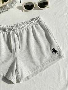 Comfortcana 大码女式休闲骑行Logo单排扣系带短裤，春夏款 - 灰色 - 查看 6