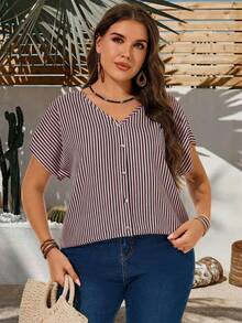 EMERY ROSE Áo sơ mi tay ngắn kẻ sọc phối màu cỡ lớn, kiểu dáng thường ngày. - Nhiều màu - Xem 6