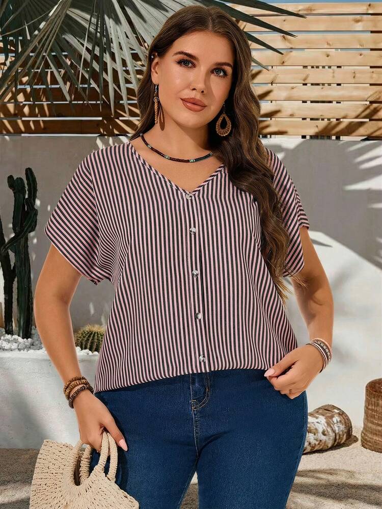 Plus Size Colorblock Striped Short Sleeve Casual Shirt