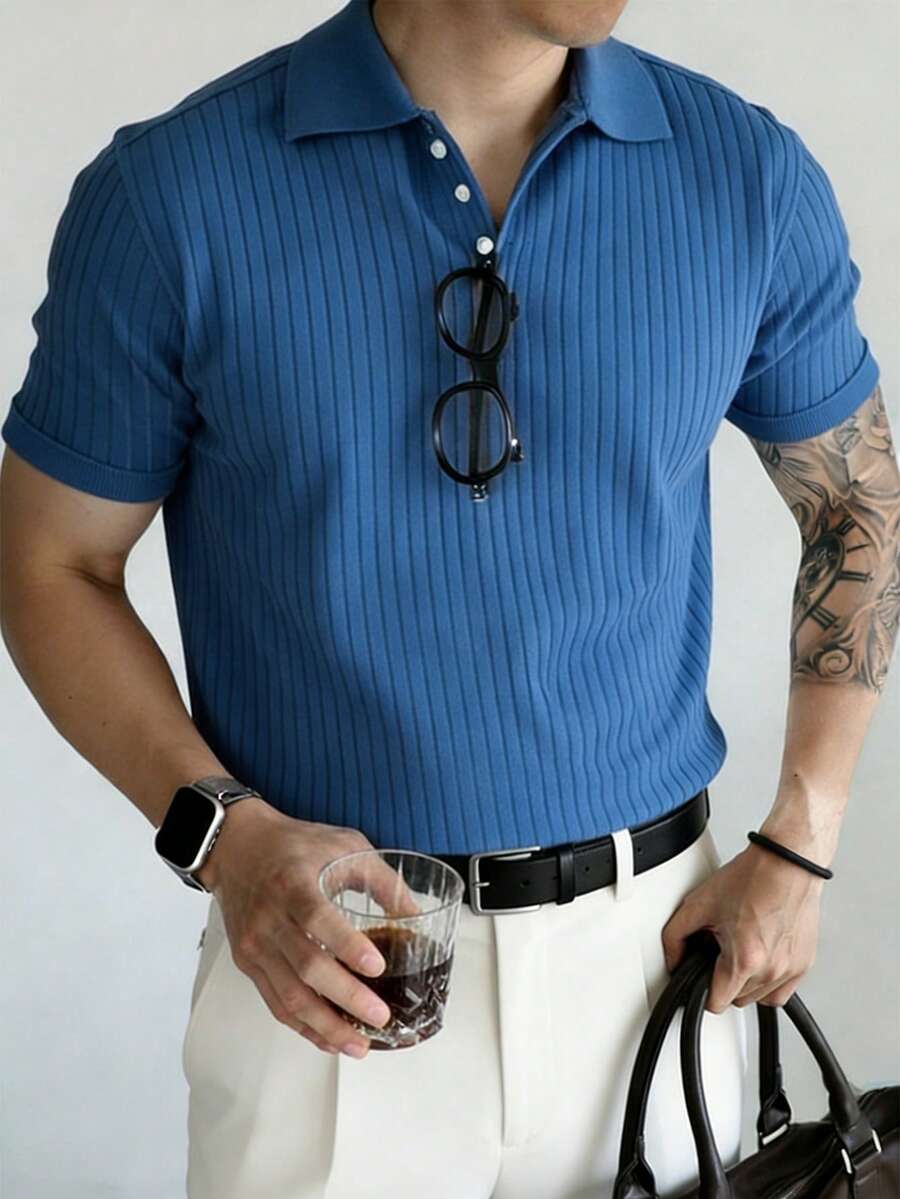 Manfinity Homme Men's Half-Placket Raglan Short Sleeve Ribbed Casual Polo Shirt, Summer - Baby Blue - View 1