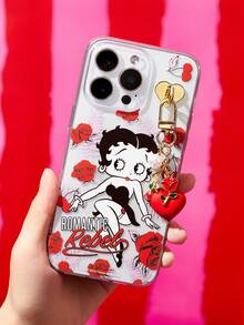Betty Boop x SHEIN Cute Retro Be Tty Boop Transparent Glitter TPU Phone Case, Red Rose & Heart Charm Decor Shockproof Shell For IPhone - Multicolor - View 2